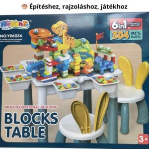 Gyerek kreatív játékközpont – építés, rajzolás, tanulás – asztallal + két székkel